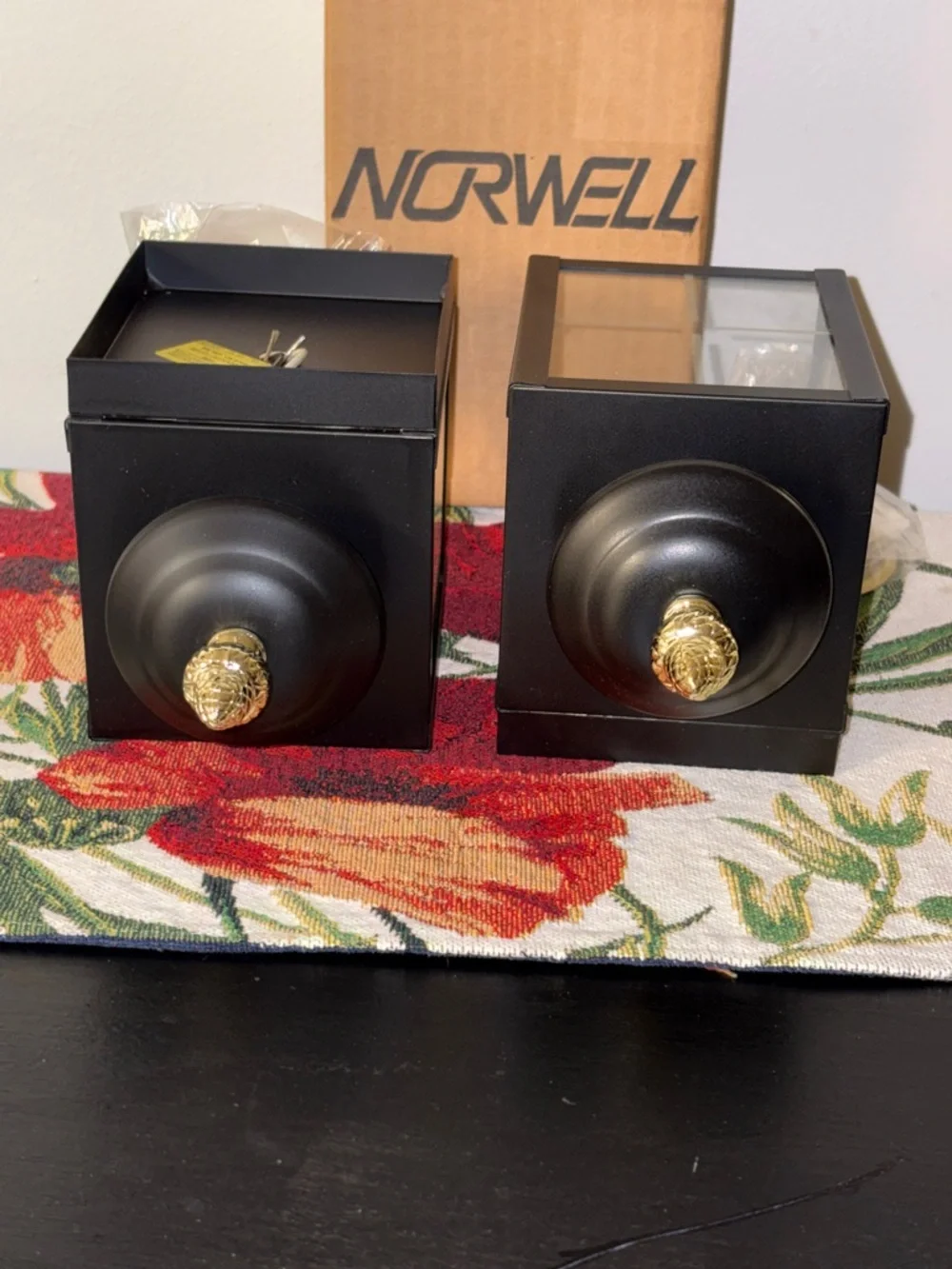 Pair of Black Outdoor Lantern Wall Sconces Lights with Gold Finials Norwell